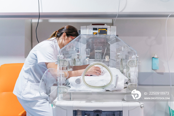 Female doctor examining newborn baby in incubator