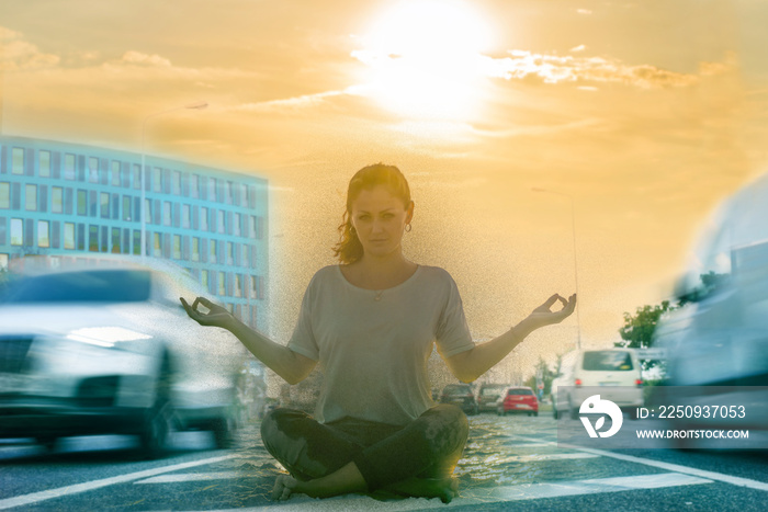 Information overload concept. Woman in the yoga pose sitting on the street surrounded by fast passin