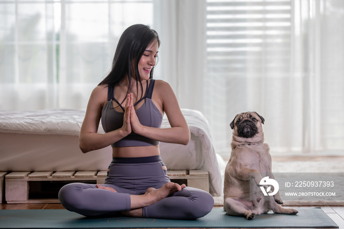 女人和哈巴狗一起练习瑜伽
