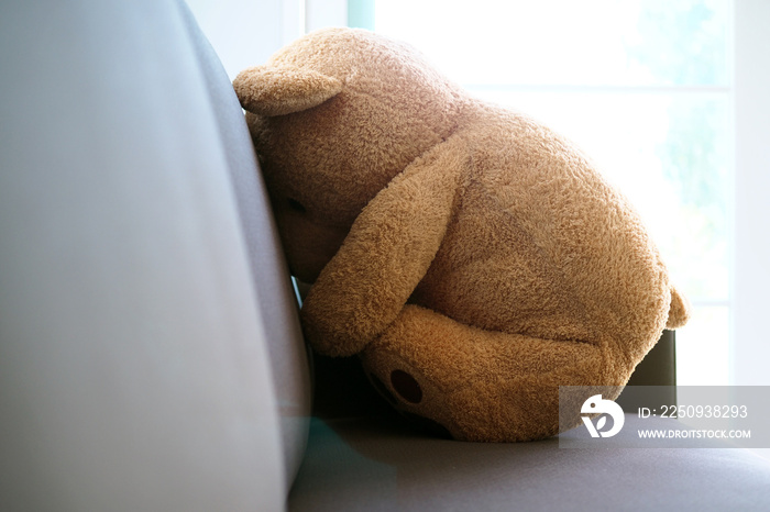 The concept of grief of children. The teddy bear sits on the couch inside the house, alone looking s