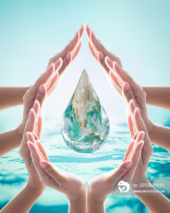 Collaborative female human hands in droplet shape on blurred wavy clean water background: Saving wat