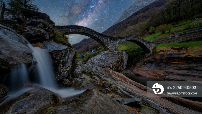 Ponte dei Salti pedestrian bridge over the Verzasca River near Lavertezzo, Switzerland. Beautiful Ga