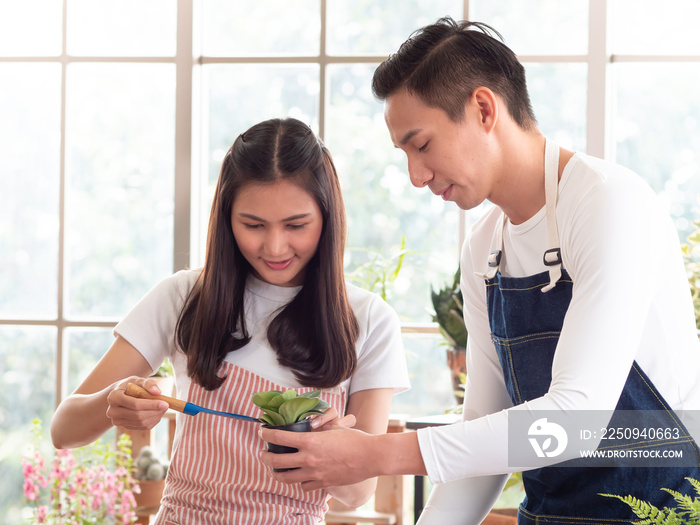 一对亚洲家庭夫妇在温室里打理园艺生意。年轻人抱着