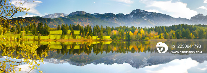 阿尔卑斯山前草甸和湖泊的全景景观