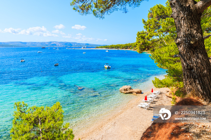 View of beautiful beach near Zlatni Rat at Bol on Brac island in summertime, Croatia