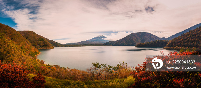 日本山梨县日落时，富士山在本须湖上的秋叶景观图。