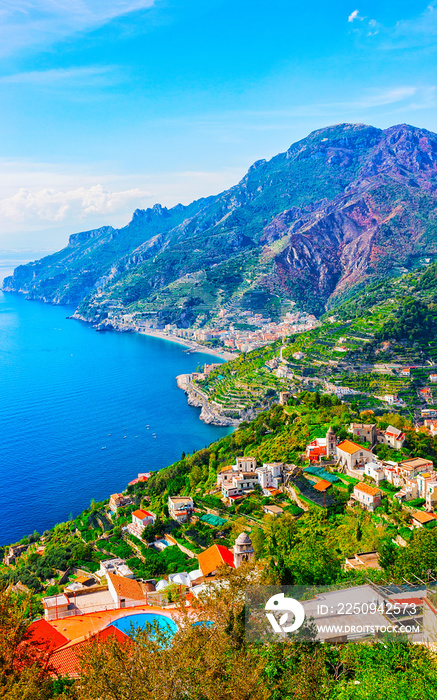 Scenery with mountains and Tyrrhenian sea in Ravello village reflex