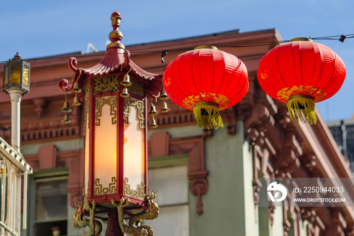 Chinese lanterns and a beautiful lantern on one of the streets of Chinatown in San Francisco. 