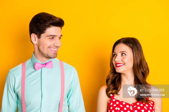 Photo beautiful pretty lady handsome guy toothy smiling look eyes prom couple wear red dotted dress 