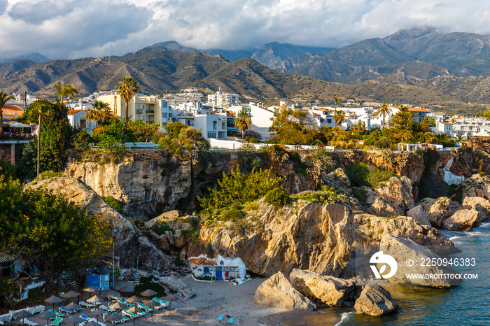 View of beautiful beach in Nerja, Costa del Sol, Andalusia, Spain