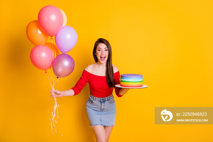 Portrait of her she nice attractive lovely cheerful cheery girl holding in hand fresh cake helium ba