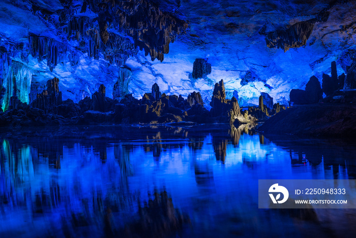 Illumination of underground caves with lakes in Guilin City, Guangxi Province, Peoples Republic of 