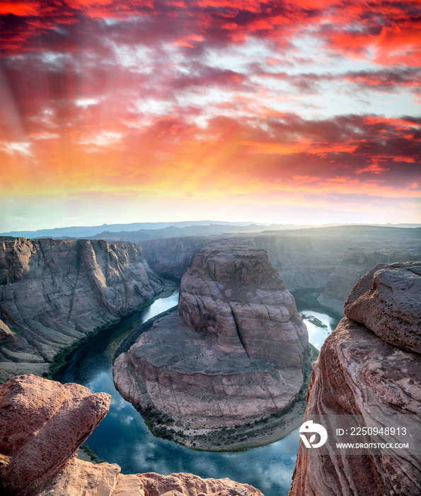 Horseshoe Bend and Colorado River at sunset, Arizona, USA. Backlit scene