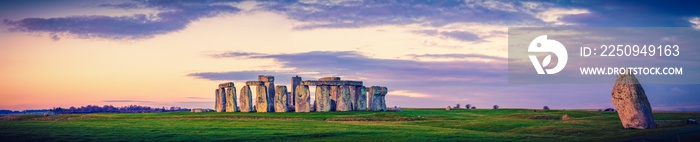 Stonehenge panorama at sunrise in England. United Kingdom 