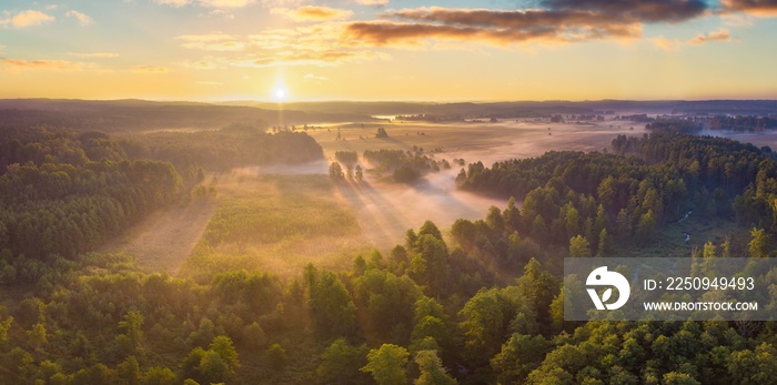 Beautiful foggy morning landscape photographed from above