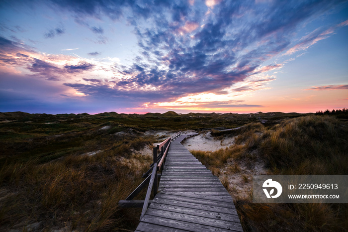 Colorful sunset view of wooden touristic walkway in nature reserve.