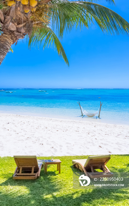 热带海滩上的椅子、吊床和雨伞
