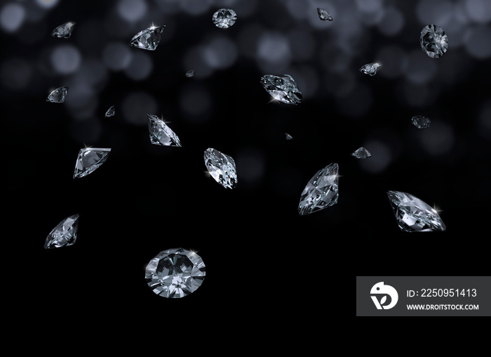 Falling 3D diamonds on black background