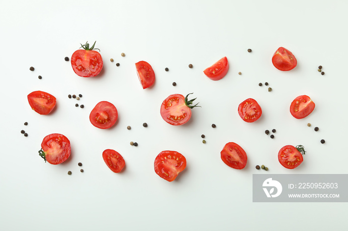 Fresh cherry tomato on white background, top view