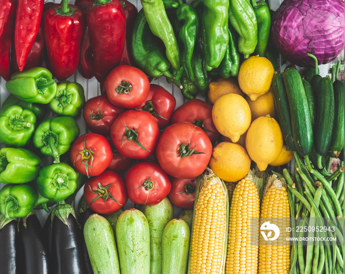 冰箱里的夏季蔬菜。美味的夏季蔬菜玉米、番茄、葫芦