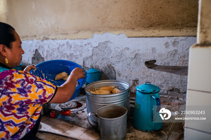 Retrato de indigena con un colorido vestido, cocinando tamales en una estufa de leña. 