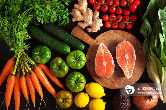 蔬菜和鱼类健康食品背景