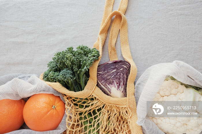 vegetable and fruit in reusable bag, Eco living and zero waste concept