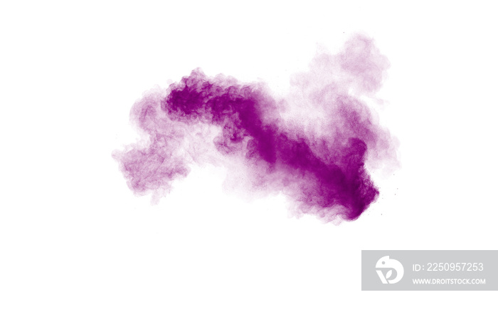 Purple color powder explosion cloud  on white background.Closeup of Purple dust particles splash  on