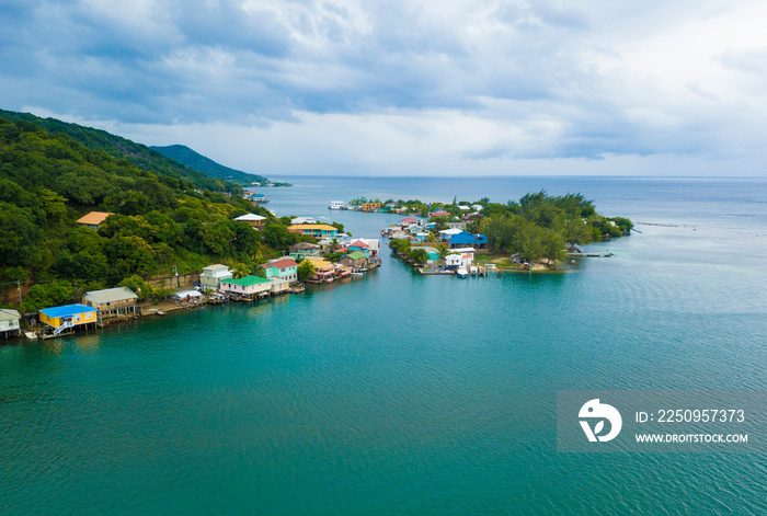 Aerial view of Oak, Ridge, the Venice of the Caribbean, in Roatan, Honduras.