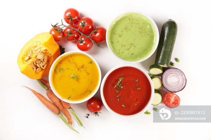 collection of vegetable soup with ingredient on white background