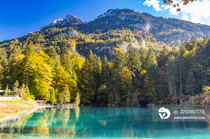 Nature park Blausee or blue lake in Kandersteg, Switzerland, autum color with clear water