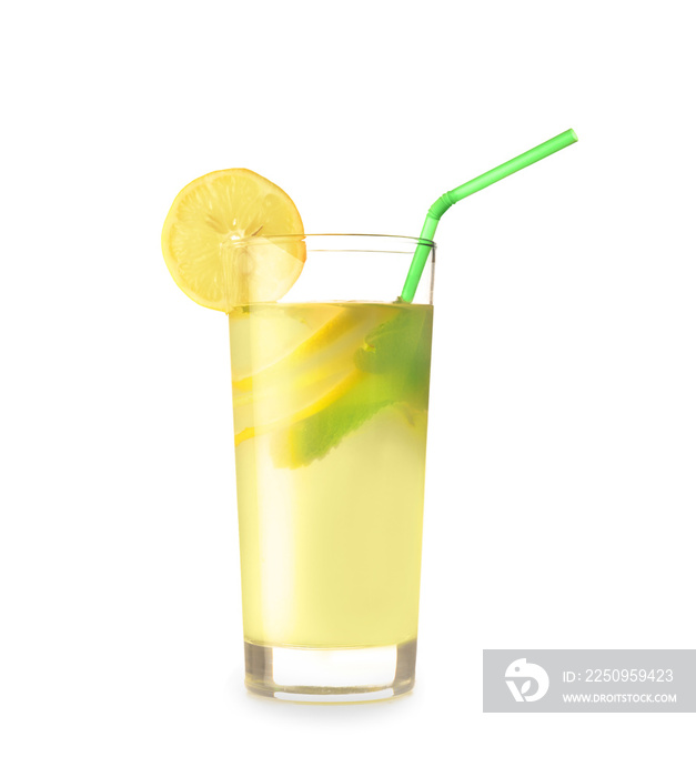 Glass of fresh lemonade on white background