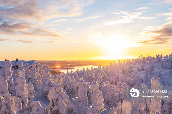 Landscape, sunrise over a snowy forest and lake in Lapland.Colorful sky in the rays of the sun and c