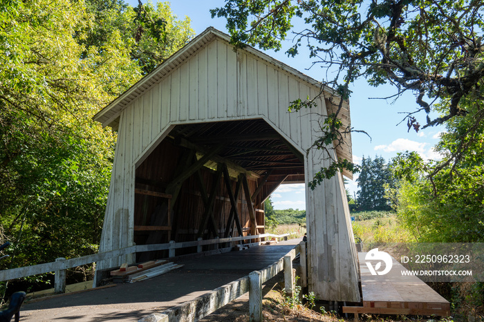 Irish Bend covered bridge near Corvallis, Oregon, is under repair and construction