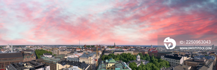 Panoramic aerial view of Helsinki at sunset from city tower, Finland.