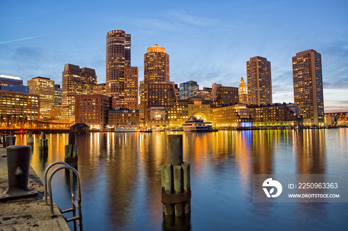 Boston cityscape skyline at sunset 