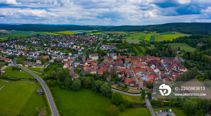 Aerial view of the old town of the city Seßlach in Germany on a sunny day in spring.	