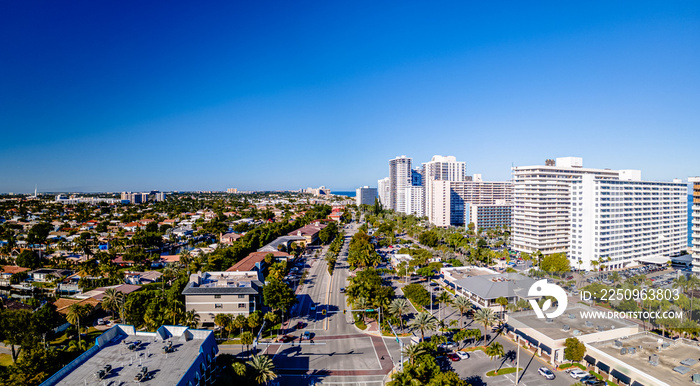 aerial drone of City of Fort Lauderdale, Florida with empty space