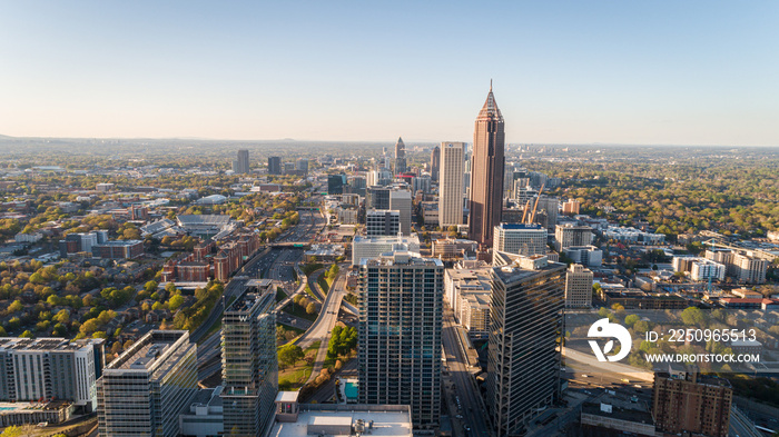 High-altitude aerial landscape shot facing the northside of downtown Atlanta, Georgia.