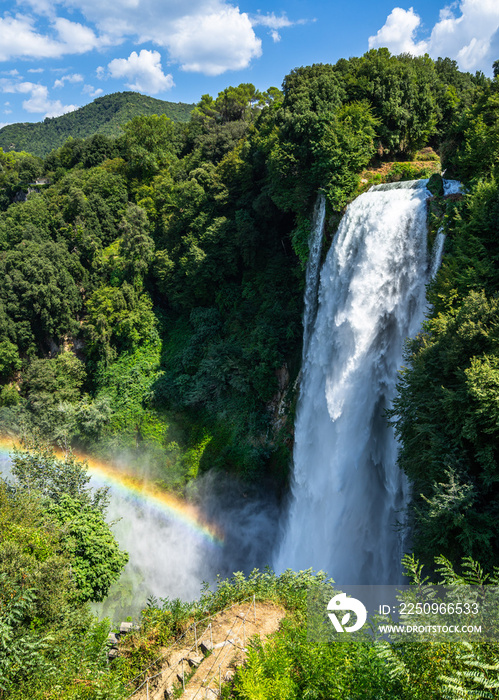 Beautiful landscape with Marmore falls (Cascata delle Marmore) and the rainbow, Umbria, Italy