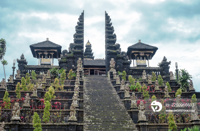 Stairs to Pura Agung Besakih temple by blue sky on Bali, Indonesia