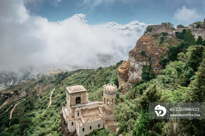 Erice,Sicily,Italy.Historic town on the top of mountains overlooking beautiful lush countryside.View