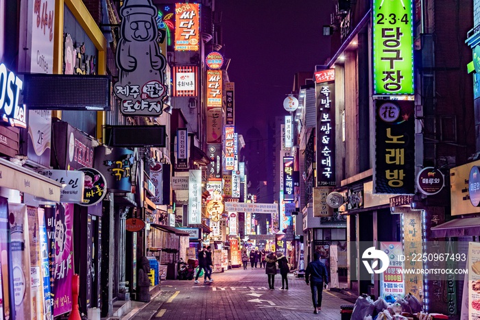 Neon lights in the night of the city of Seoul in South Korea