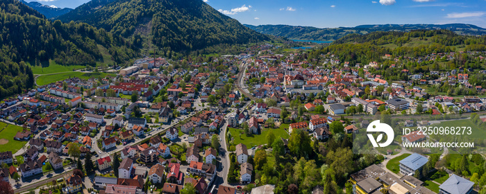  Aerial view of the city Immenstadt im Allgäu in Germany, Bavaria on a sunny spring day during the c