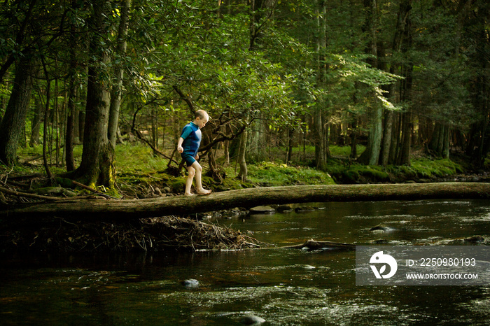 Side view of boy walking fallen tree trunk over river in forest