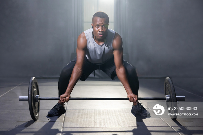 Black Man Holding Barbell Ready For Weight Lifting Workout