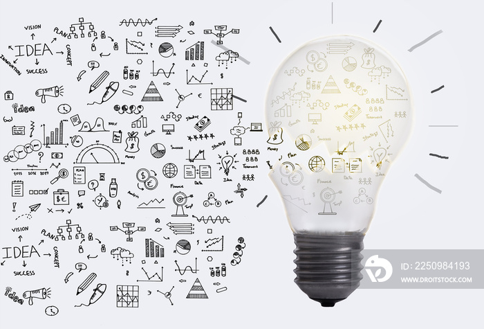 带灯泡的商业图——创意、创新和商业灵感的概念