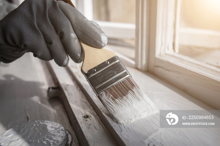 Painting wooden window with white color. Brush in hand with grey glove. Ronoveation and restauration