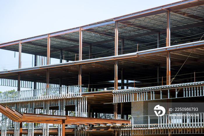 Construction site with building steel studs used to frame in commercial building.