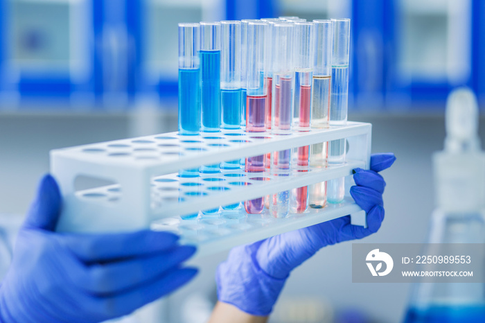 Professional laboratory. Selective focus of test tubes with chemical reagents standing in the test t